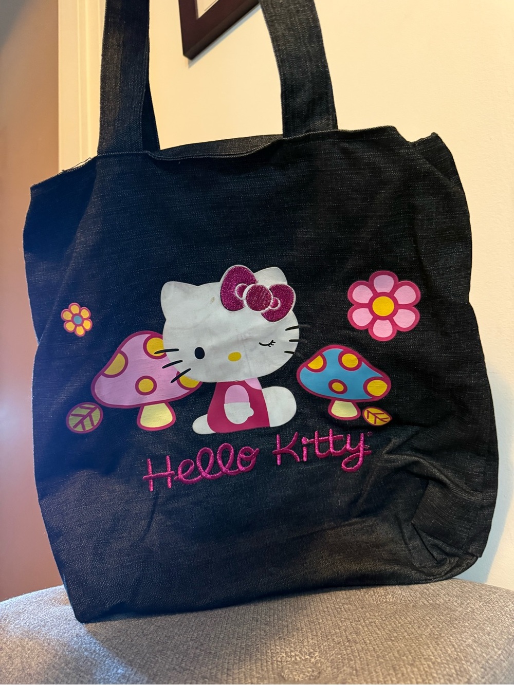 Hello Kitty Black Denim Tote with Pink & Multicolor Mushroom Graphics